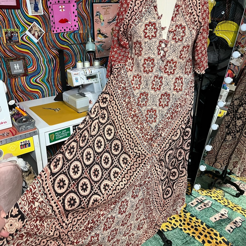 Vintage 70’s Rust Floral Print Indian Cotton Gauze Maxi Dress - Picture 2 of 7